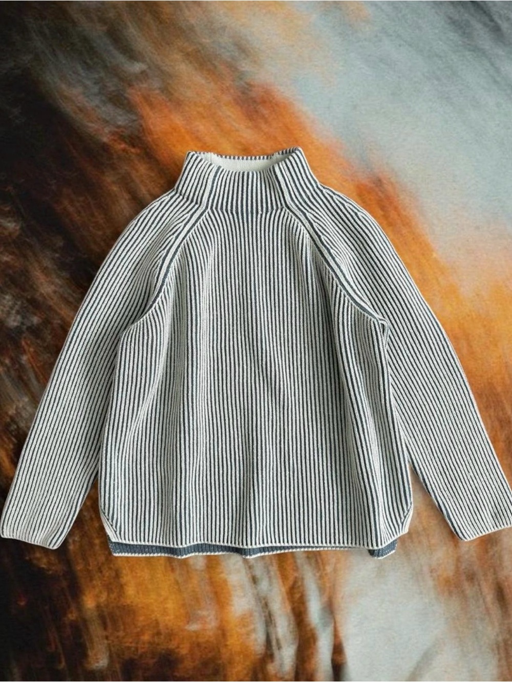 Lands’ End Drifter Green Striped Cotton Knit Sweater Wide Mock Neck Thick Knit